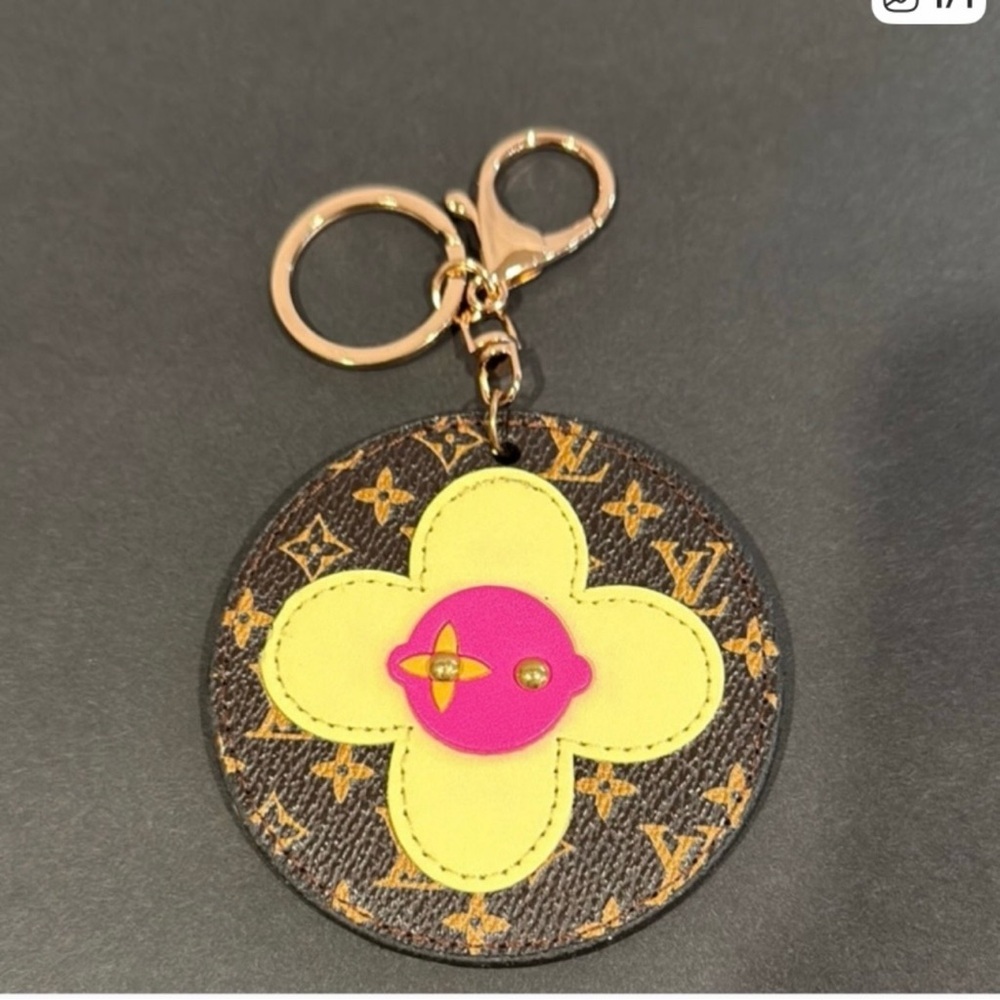 CUTE KEYCHAIN / BAG CHARM MONOGRAM PATTERN WITH YELLOW AND PINK ACCENTS NWOT